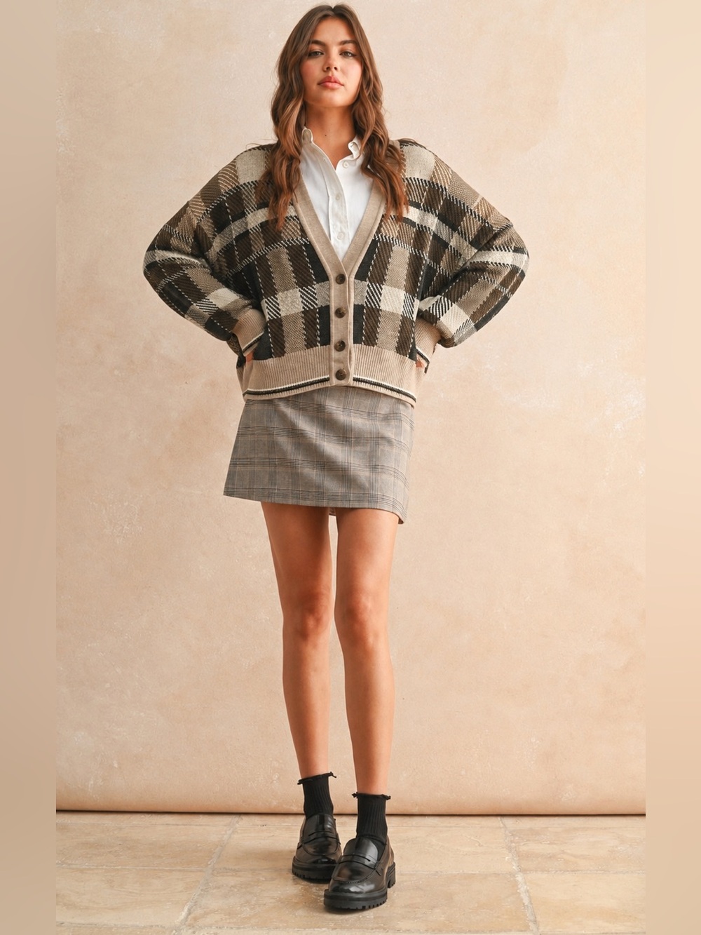 The Italian Sweater Co Brown Black Tan Plaid Cardigan Sweater S
